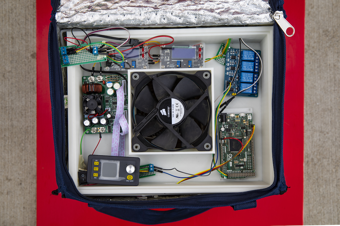 The electronics inside the Warm-n-Dry delivery bag.