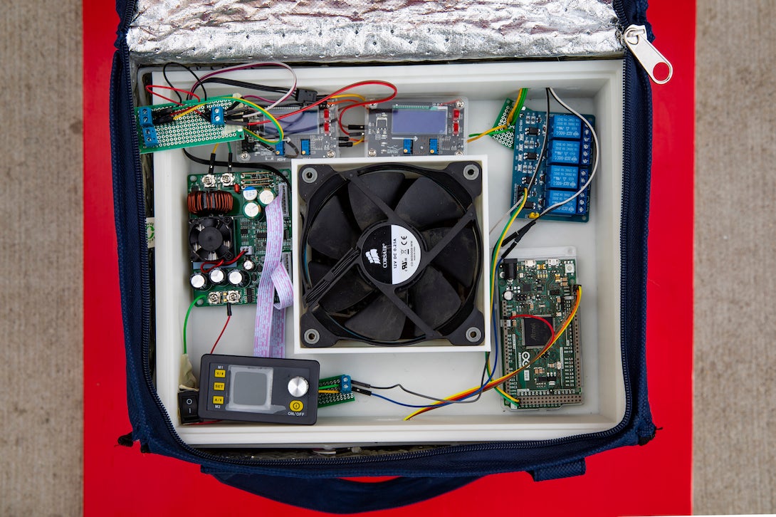 The electronics inside the Warm-n-Dry delivery bag.