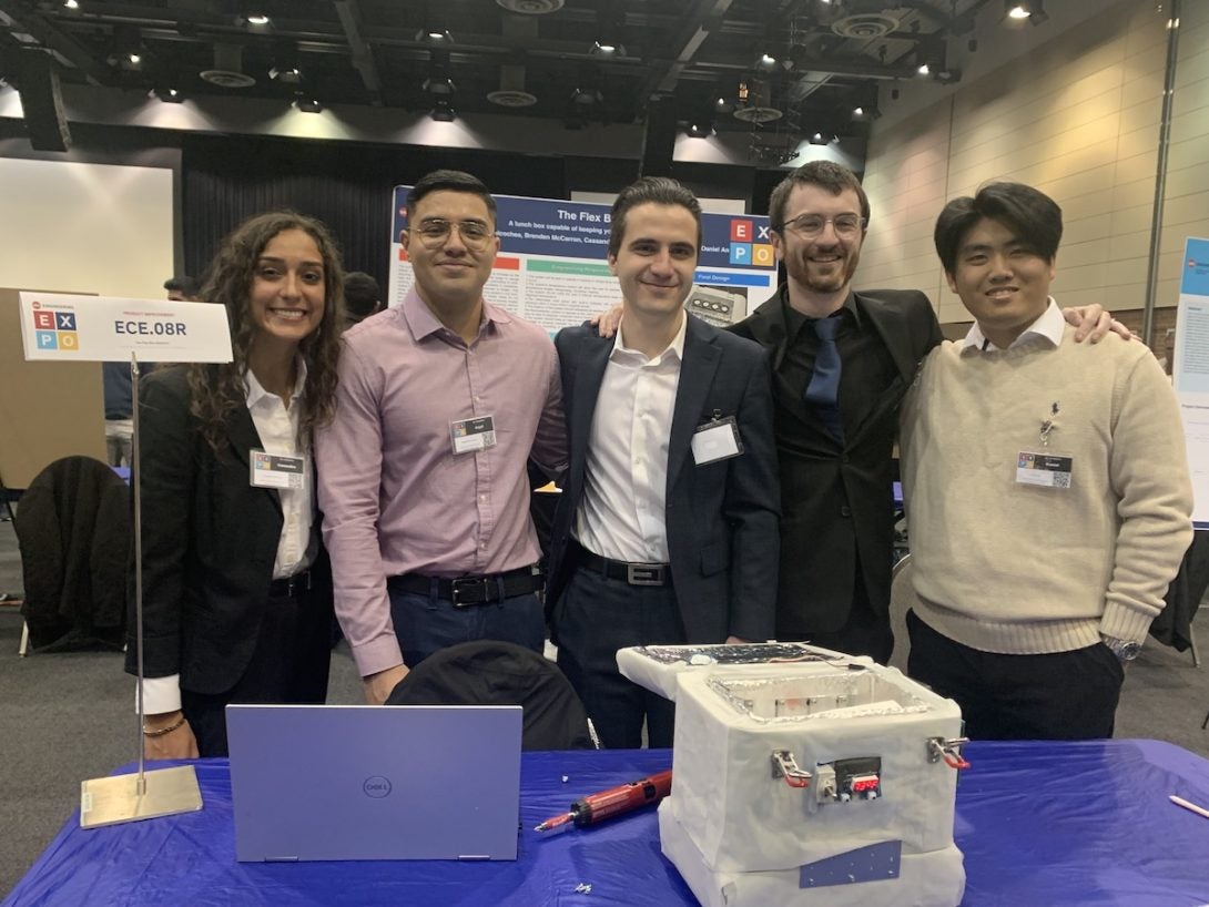 Team ECE 08 members Cassandra Hines, Angel Huicochea, Giovanni Yacoub, Brenden McCarron, and Daniel An, with their award-winning Flex Box project.