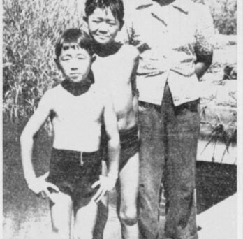 Bobby Uyetani, left, at age seven with two of his siblings, Roy and Isabel. This image accompanied a July 12, 1938, article in the Bakersfield Californian about Bobby’s incredible speed-reading ability 