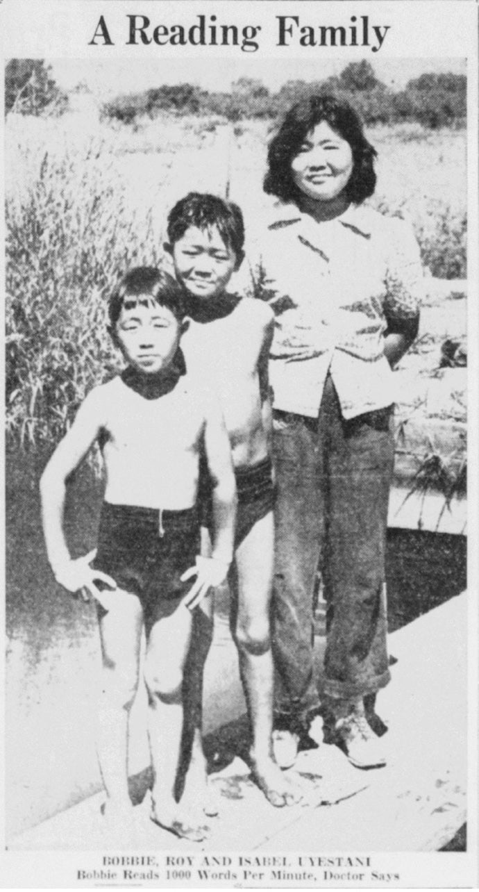 Bobby Uyetani, left, at age seven with two of his siblings, Roy and Isabel. This image accompanied a July 12, 1938, article in the Bakersfield Californian about Bobby’s incredible speed-reading ability