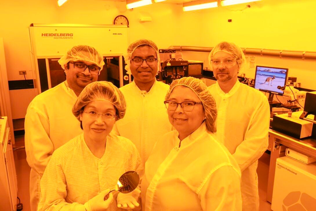 Debjit Pal (from left), Lucy Shi, Aritra Banerjee, Carmen Lilley and Igor Paprotny in the Nanotechnology Core Facility. (Photo: UIC Engineering/Jim Young)